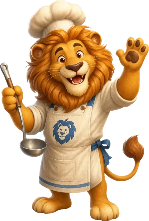 The Bitterballen lion waving, dressed as a chef