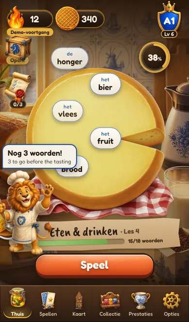 The home screen: today's words float over a wheel of Gouda cheese